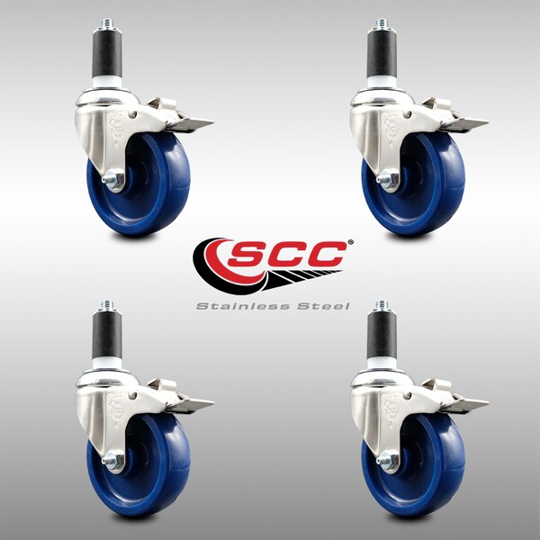 4 Inch 316SS Solid Poly Swivel 1-3/8 Inch Expanding Stem Caster Set Lock Brake